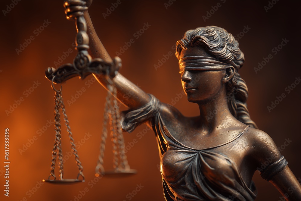 Obraz premium Bronze statue of Lady Justice blindfolded and holding scales of justice, concept for legal representation, ethical guidance and courthouse decoration