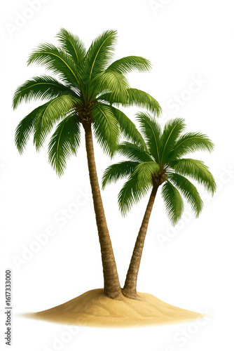 Two lush green palm trees growing on a sandy island against a black background