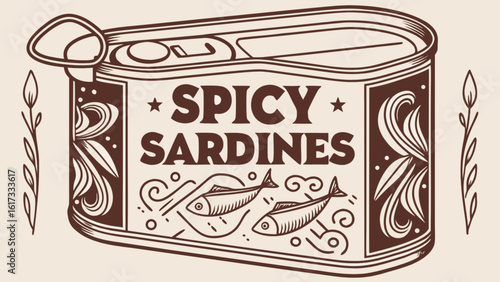 A vintage illustration of a can of spicy sardines