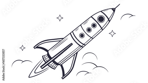 A retrostyle illustration of a rocket launching into space, symbolizing startup success and technological innovation, isolated on white background