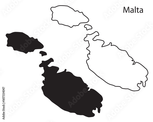 Minimal Malta map silhouette vector. Clean black outline of the Mediterranean island country, ideal for infographics, prints, and travel design