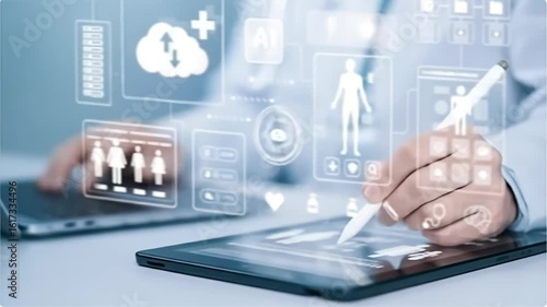Doctor interacting with digital health records and AI-powered medical interfaces on a tablet and laptop, showcasing modern healthcare technology and data management