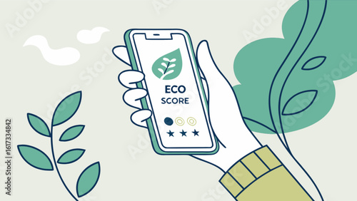 Hand holding a smartphone displaying an eco score app with a leaf icon and star ratings, illustrating sustainable living and environmental awareness