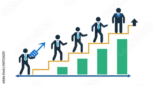 Business team climbing the stairs of success, working together to achieve goals and reach the top isolated on white background