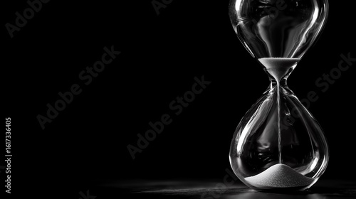 Monochrome image of an hourglass on a dark backdrop showing time passing, concept for deadlines, countdowns and urgency visualization