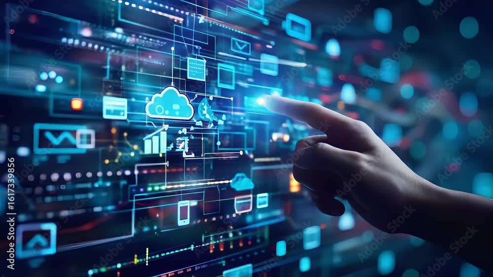 Hand interacting with digital cloud interface with data visualizations and connected icons Hand interacting with digital cloud interface with data visualizations and connected icons