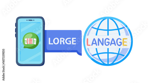 The concept of language learning and translation is represented with a globe, smartphone, and text, symbolizing global communication and international education