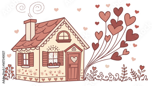 A charming cottage with heartshaped balloons floating above, isolated on white background