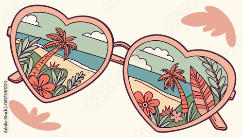 Heartshaped sunglasses reflecting a tropical beach scene with palm trees, flowers, and the ocean, creating a summer vacation vibe
