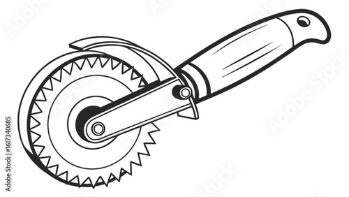 A pizza cutter with a sharp, circular blade and ergonomic handle, designed for slicing pizza, isolated on white background