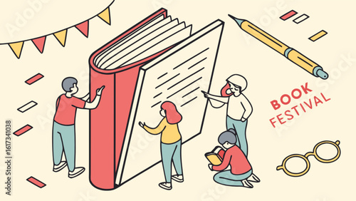 Isometric illustration of people celebrating a book festival with a giant book, pencil, and decorations