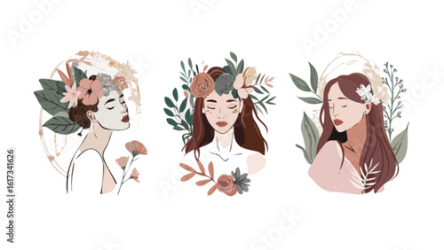 Illustrations of beautiful women with flowers in their hair isolated on white background