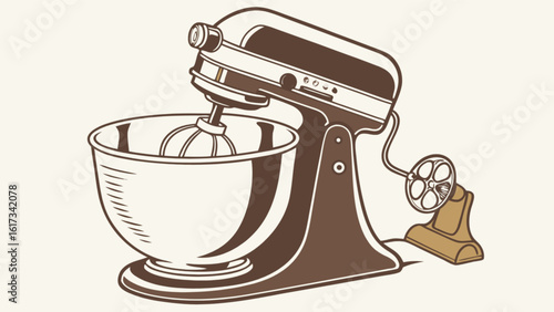 A vintage stand mixer illustration, a classic kitchen appliance for baking and cooking, rendered in a retro design style