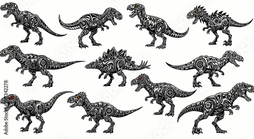 Fototapeta Naklejka Na Ścianę i Meble -  Futuristic tribal mechanical dinosaurs collection featuring robotic T‑rex and stegosaurus silhouettes with ornamental circuitry patterns, perfect for sci‑fi fantasy and retro tech tattoo designs