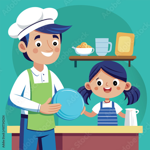 Father and daughter happily baking together in the kitchen