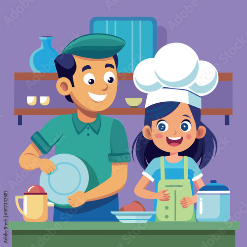 Father and daughter happily cooking together in the kitchen