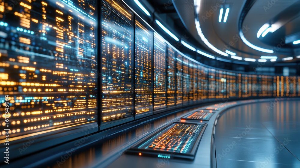 Fototapeta premium Futuristic control room with glowing screens and illuminated panels, showcasing advanced