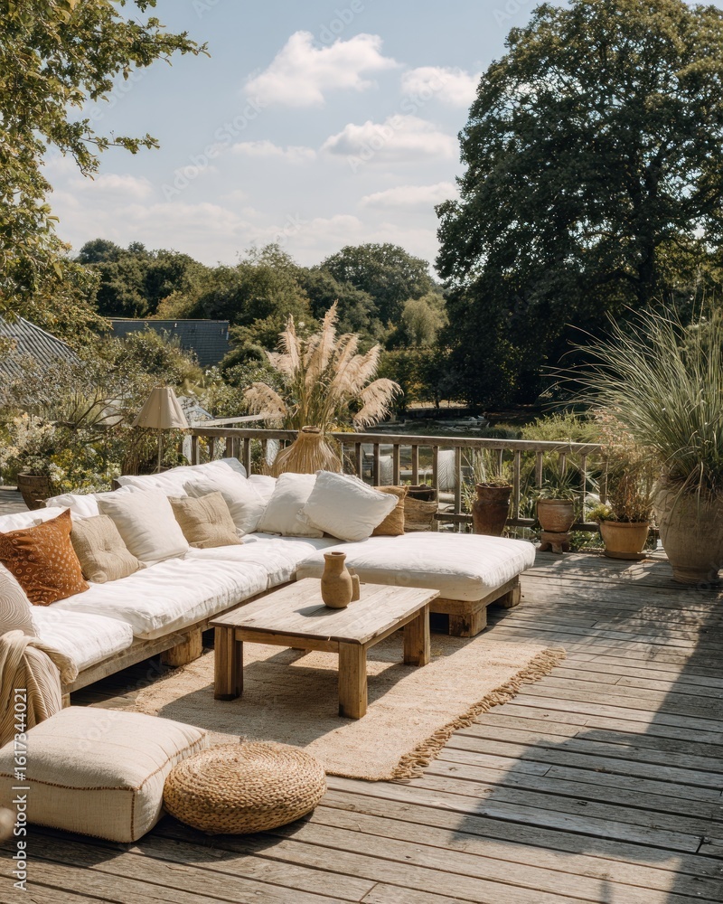 Cozy Outdoor Patio Area With Soft White Sofa, Wooden Coffee Table, And Decorative Plants Creating A Tranquil Mood Cozy Outdoor Patio Area With Soft White Sofa, Wooden Coffee Table, And Decorative Plants Creating A Tranquil Mood