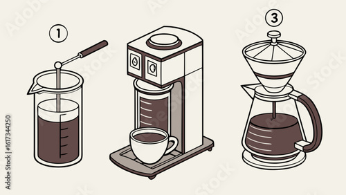 A coffee maker, a coffee machine, and a pour over coffee pot are illustrated in a flat vector design isolated on white background