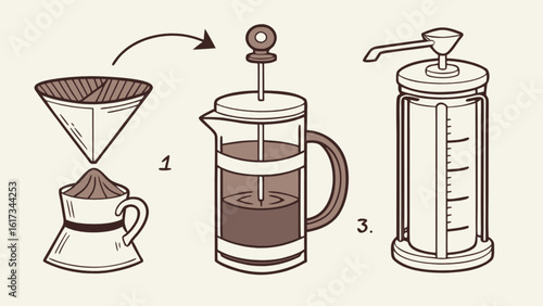 A french press and a pour over coffee pot are illustrated in a flat vector design isolated on white background