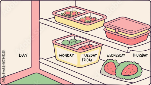 A refrigerator shelf displays organized meal prep containers, showcasing a healthy diet and weekly food planning for convenient lunches and dinners