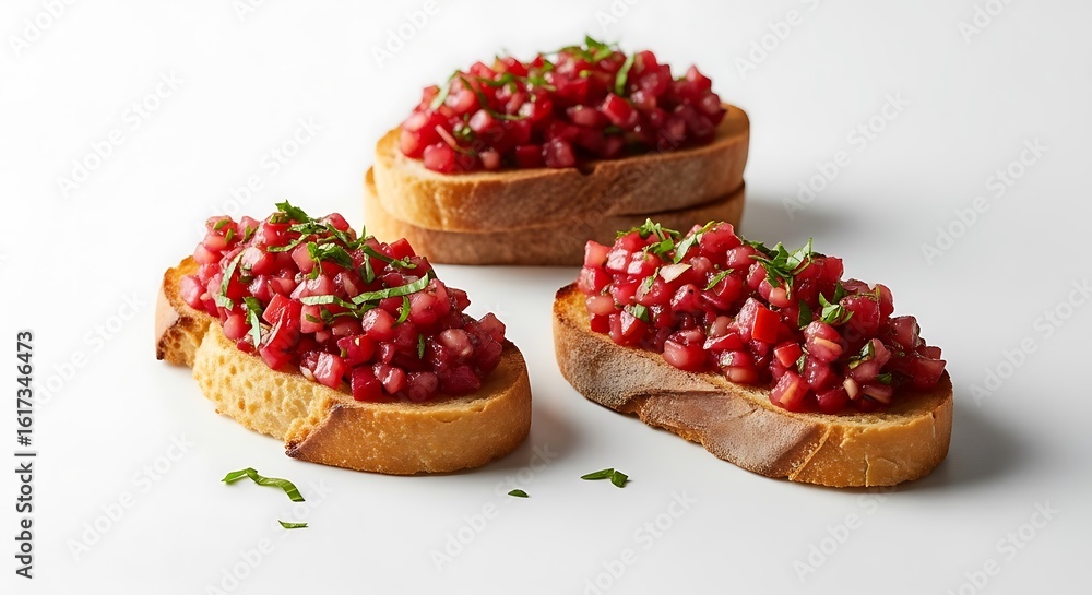 Three Toasts Topped with Vibrant Red Bruschetta and Fresh Basil Three Toasts Topped with Vibrant Red Bruschetta and Fresh Basil