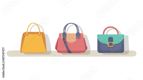 Three fashionable handbags in different colors and styles are displayed on a shelf, isolated on white background