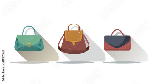Three fashionable handbags in different colors and styles are displayed with shadows, isolated on white background