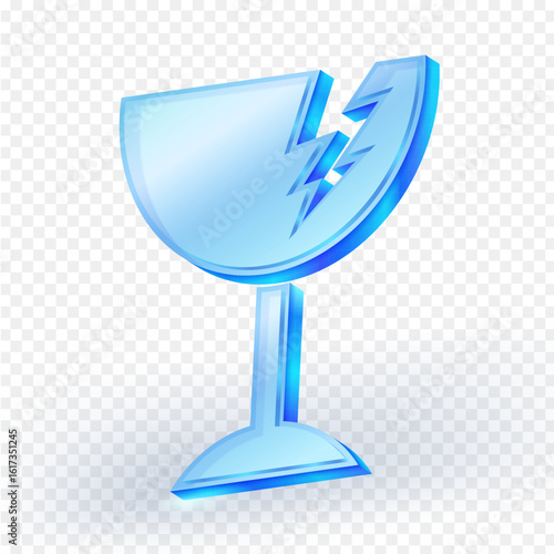 3D glossy icon of a broken glass cup with a crack, symbolizing fragility or handle with care, on transparent background. Suitable for packaging, safety signs, or UI design. Vector illustration.