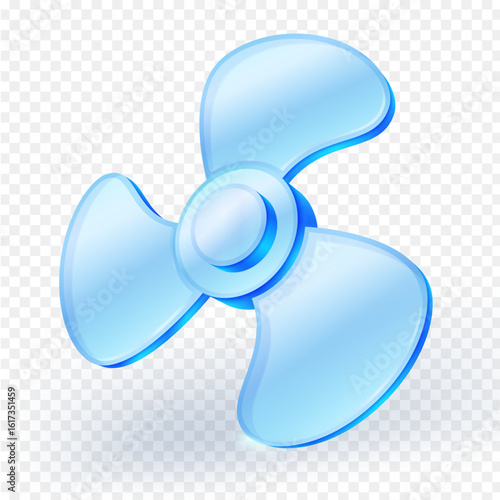 Glossy 3D glass blue fan propeller with three blades. Modern, futuristic style, isolated on transparent background. Ideal for UI, app icons, or technology themed content. Vector illustration.