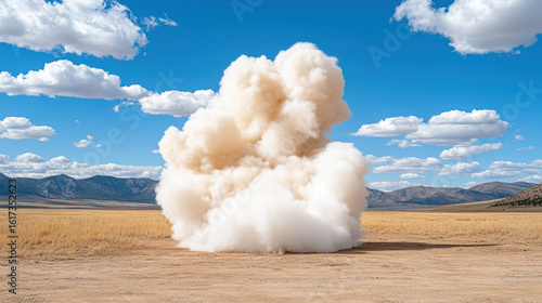 Fototapeta Naklejka Na Ścianę i Meble -  Explosion cloud dust military training simulated explosive zone outdoor blue sky mountains field