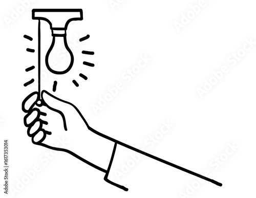 Mono line illustration of a human hand pulling pull switch light bulb fixture to turn on and off  done in a black and white monoline line art style.