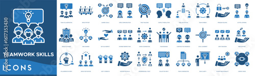 Teamwork Skills Icon set. Team Collaboration, Group Effort, Shared Goals, Open Communication, Trust Building, Conflict Resolution, Task Delegation, Team Synergy and Problem Solving