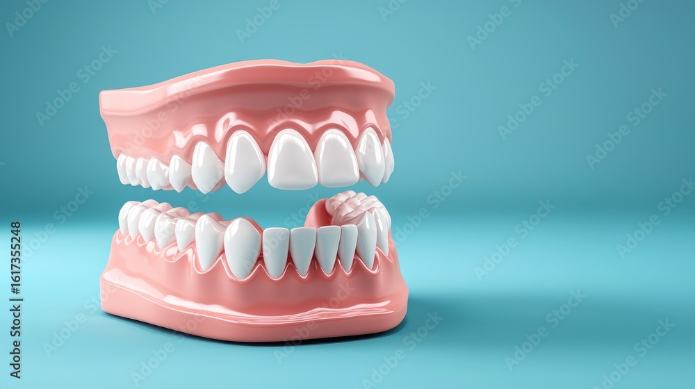 Fototapeta premium A pink and white dental model on a blue background. The model represents a set of teeth with a focus on the upper jaw.