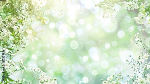 Dreamy spring background with soft green foliage and delicate white floral border, featuring blooming flowers and gentle botanical elements for wedding invitations, greeting cards, or seasonal designs