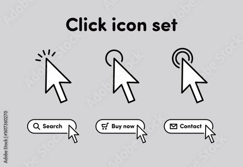 ボタンをクリックする指のアイコンセット　モノクロ