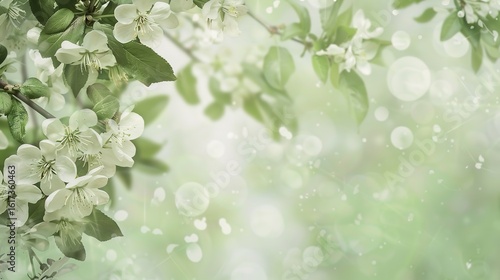 Dreamy spring background with soft green foliage and delicate white floral border, featuring blooming flowers and gentle botanical elements for wedding invitations, greeting cards, or seasonal designs