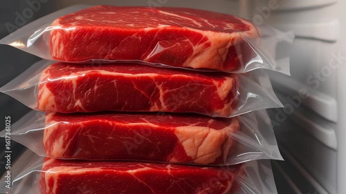 Local food inspection. Frozen steak vacuum sealed meat plastic bags stacked inside refrigerator shelf showing fresh red marbled meat preserved for later