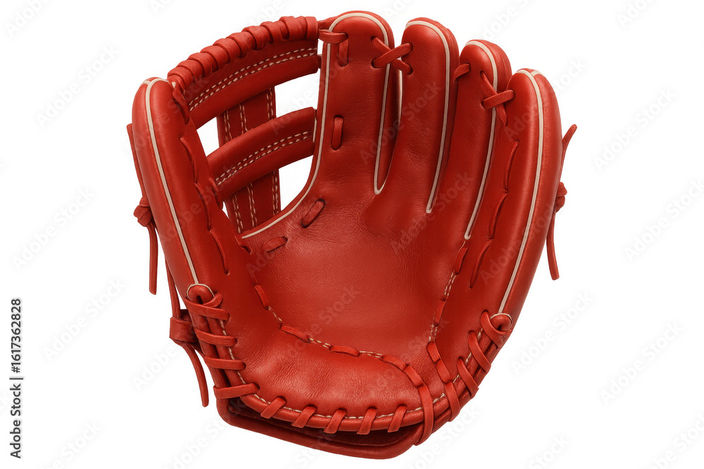 Obraz premium Red baseball glove with visible white laces, isolated on transparent background, ready for catching