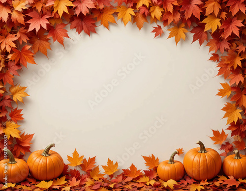 Autumnal Frame with Pumpkins and Fall Leaves - Thanksgiving Background