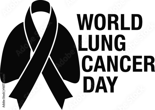 Vector art of a ribbon and lungs are shown for world lung cancer day to raise awareness