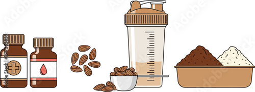 Healthy lifestyle elements including supplements, almonds, shaker, and protein powder