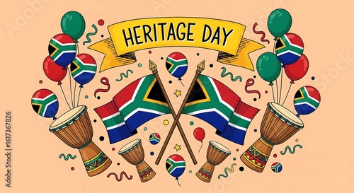 Colorful Heritage Day illustration with South African flags, drums, balloons, and a festive banner. Celebrating culture and traditions.
