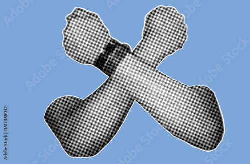 close up of arms hand crossing gesture pixelate black and white color halftone dotted texture style collage element isolated on blue background