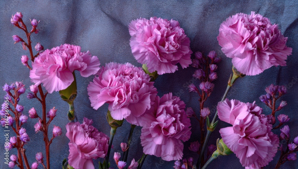 Obraz premium Pink carnations and sprigs on textured fabric