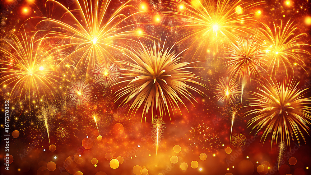 Fototapeta premium Vibrant and dazzling golden and orange fireworks explode in a celebratory display against a dark background with shimmering bokeh lights creating a festive atmosphere
