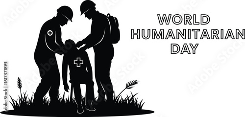 Vector art of a silhouette of medical personnel assisting an injured person commemorates world humanitarian day, emphasizing the importance of aid, compassion, and support