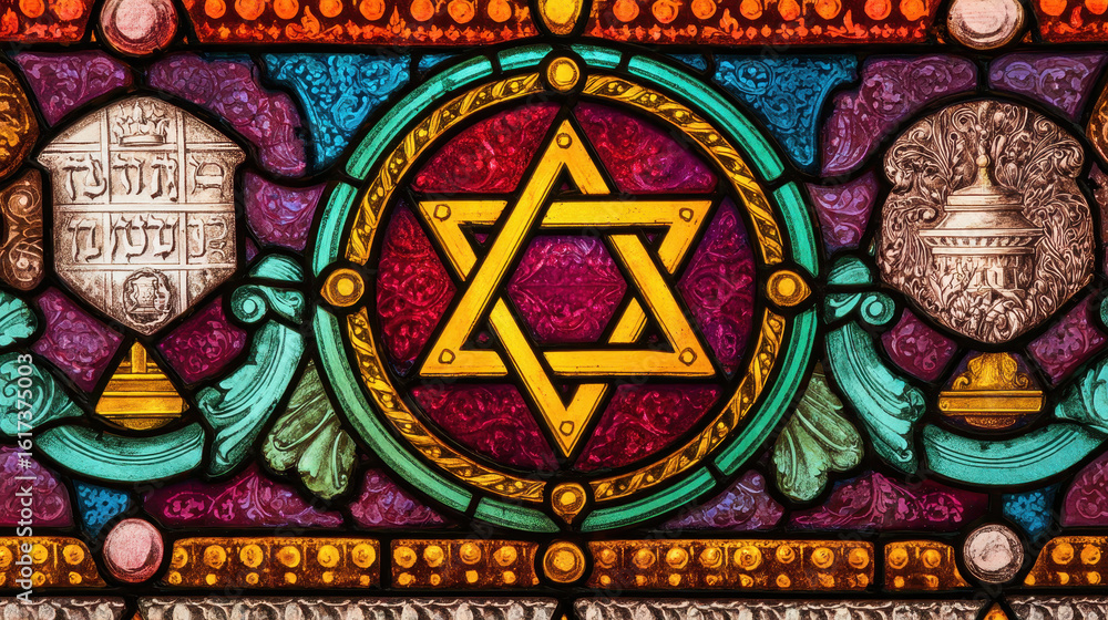 Fototapeta premium Intricate stained glass panel with a star of david design.