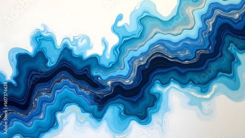 Abstract blue wave fluid art with metallic accents