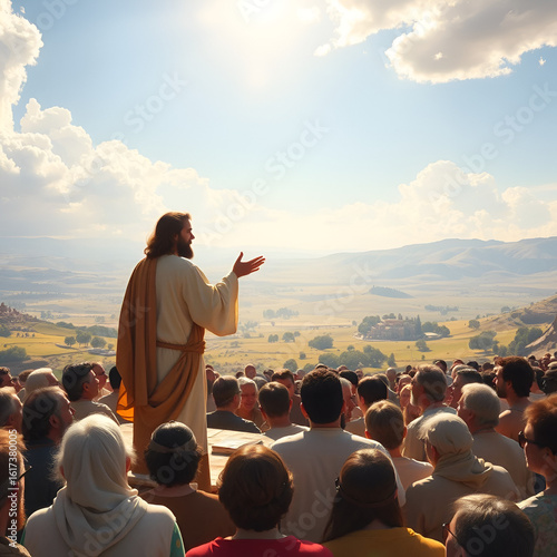 Jesus preaching the sermon on the mount to a large crowd under the bright midday sun, Biblical religious stories, illustrations Christian faith in God